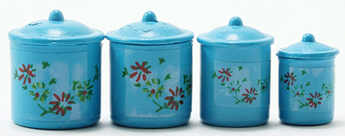Dollhouse Miniature Blue Canister Set with Decals, 4pc